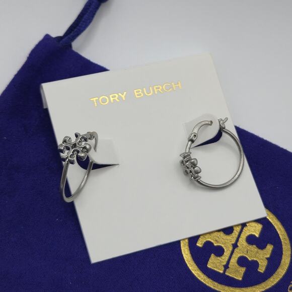 NEW Tory Burch Eleanor Hoop Earrings Silver T Logo Small Gift Casual Basic - Picture 5 of 5
